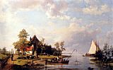 Hermanus Koekkoek Snr A River Landscape With A Ferry And Figures Mending A Boat painting